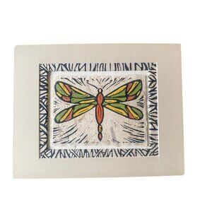 Handmade Dragonfly Block Print Art Artist John Davis 11 x 14 Matted Wall Decor